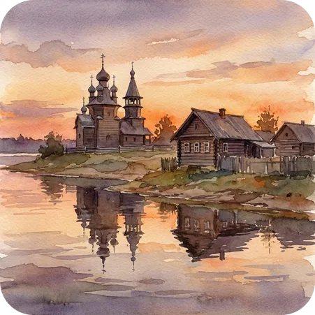 Деревянный городок у реки на закате, акварель